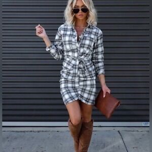 NWT Vici x Fate White Black Fall Plaid Cotton Shirt Dress Women's Size X-Large